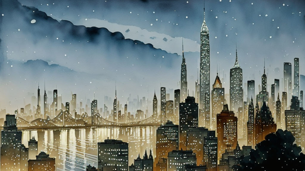 Cityscape Night Illustration: Skyscrapers, Bridge, Snowflakes