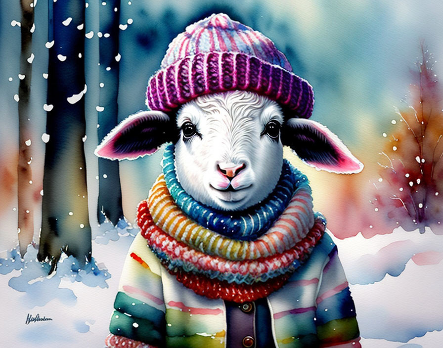 Colorful lamb painting in snowy forest with falling snowflakes