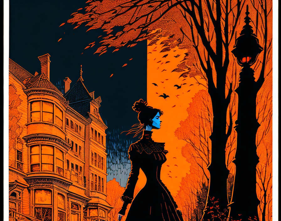 Victorian woman walking at dusk in orange and blue palette