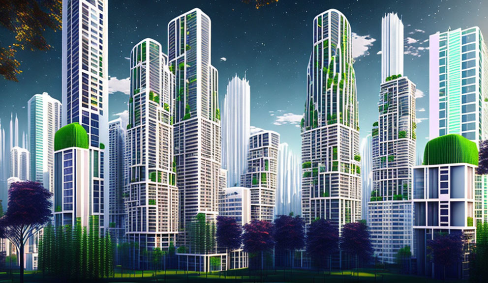 Futuristic cityscape with skyscrapers and greenery under starry night sky