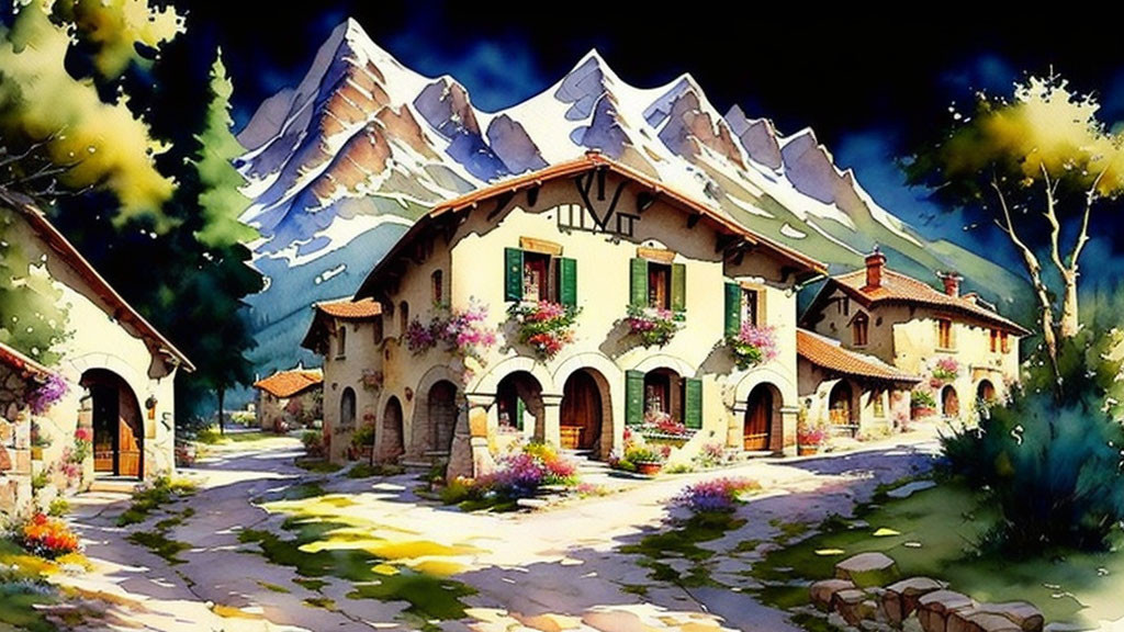 Scenic painting of quaint village with snow-capped mountains