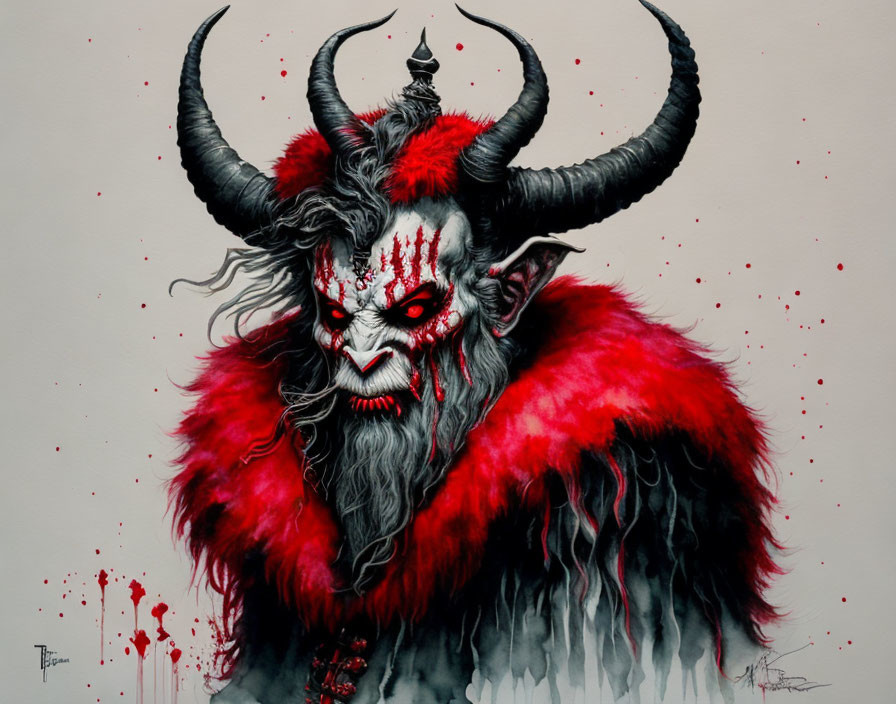 Mythological creature with horns, red eyes, white beard, and red splatters.