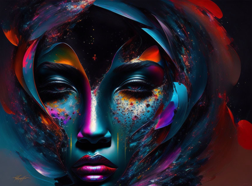 Colorful digital artwork of woman's face with cosmic splashes