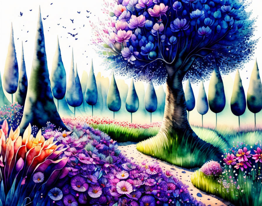 Enchanted forest painting with oversized flowers and whimsical trees