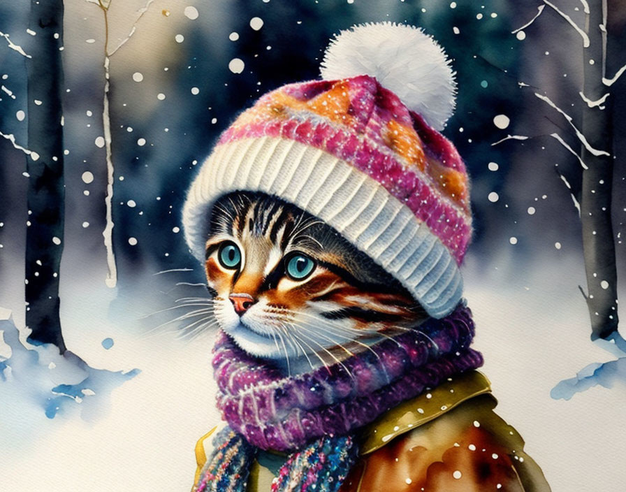 Colorful Cat in Winter Scene Watercolor Painting