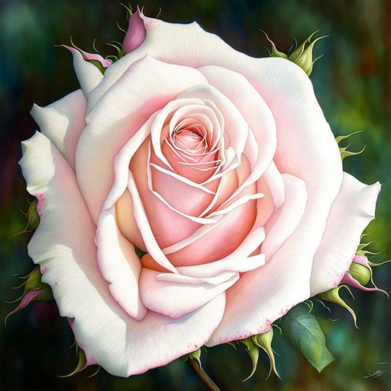 Detailed Painting of Pink Rose with Intricate Petals on Multicolored Background