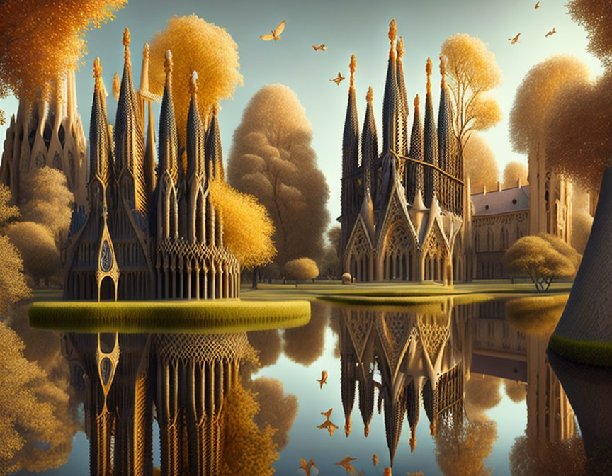 Gothic Cathedral in Autumn Setting with Reflection and Birds