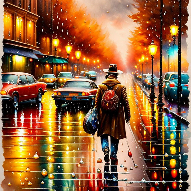 Colorful artwork depicting person walking on wet street at dusk with cars, street lights, and autumn trees