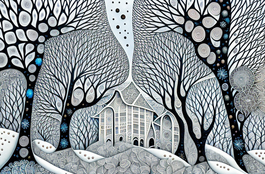 Whimsical black and white illustration of stylized house and fantasy trees