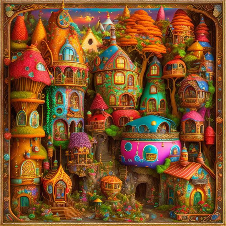 Colorful Fantasy Village with Mushroom-Shaped Houses in Autumn Forest