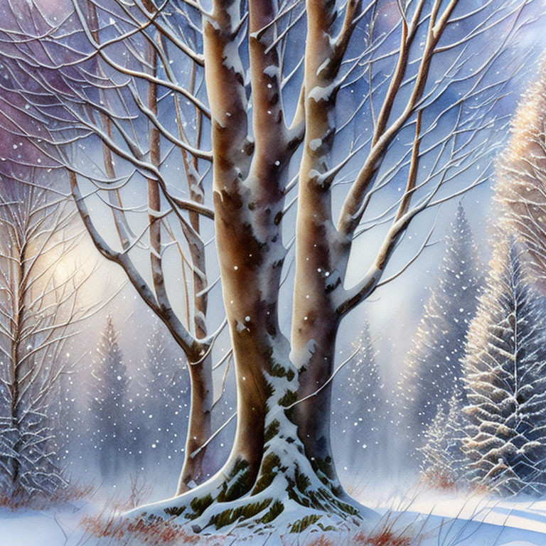 Snow-covered trees in soft purple and blue winter scene