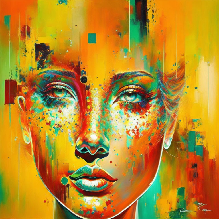 Colorful abstract painting of a woman's face with intense eyes and geometric shapes