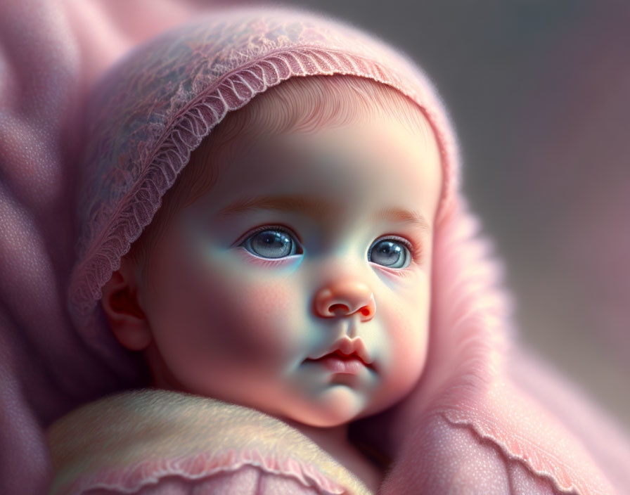 Blue-eyed infant in lace bonnet wrapped in pink blanket