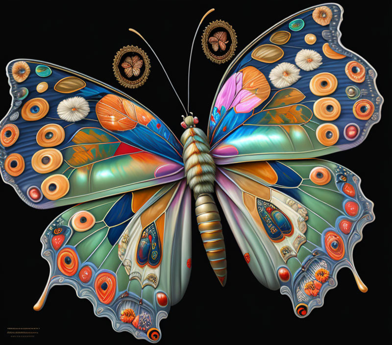 Colorful Butterfly with Eye-like Patterns on Wings on Black Background