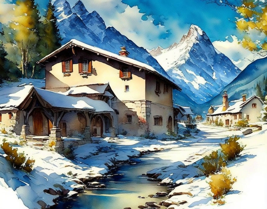 Snow-covered village nestled in winter mountain landscape