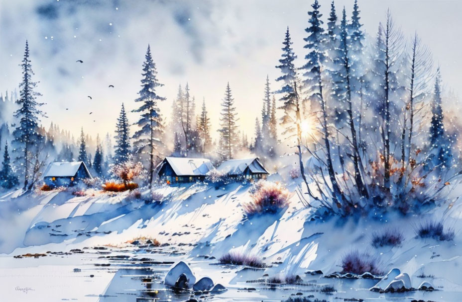 Snowy Landscape Watercolor Painting with Cabins, River, and Sunlight