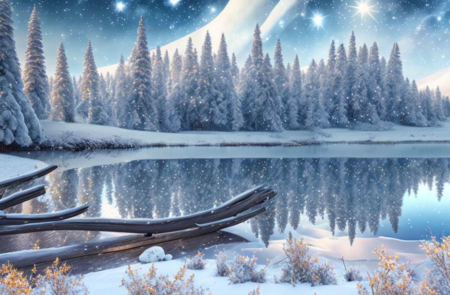 Snow-covered trees and starry night reflected in a clear lake with fallen logs