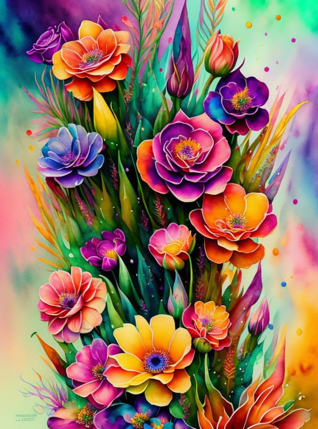 Colorful Watercolor Painting of Flowers and Foliage on Speckled Background