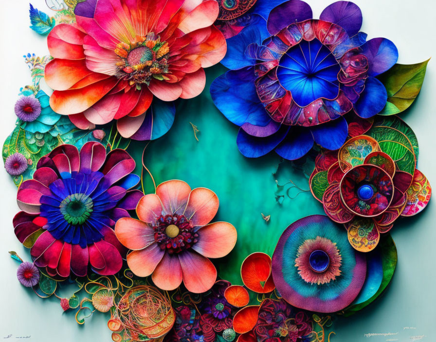 Colorful layered paper flowers on teal background