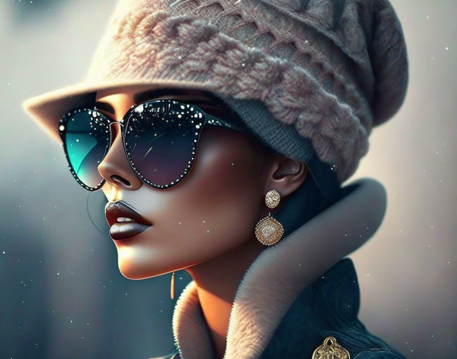 Stylized portrait of woman in sunglasses, hat, and earrings with wintry backdrop