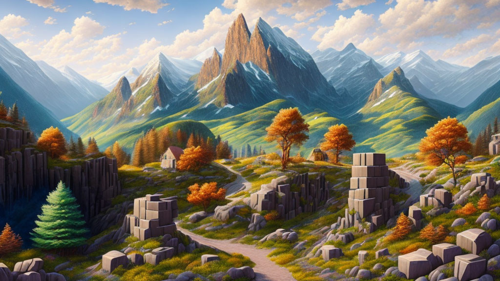 Majestic mountains, autumn trees, cottages, and stone structures in a fantastical landscape