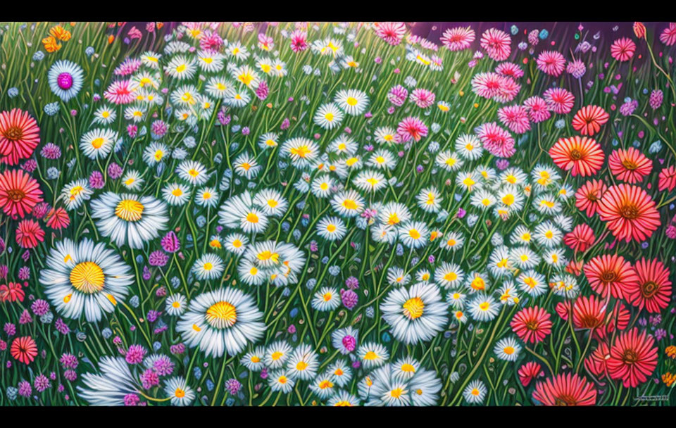 Colorful Flower Field Painting on Gradient Background