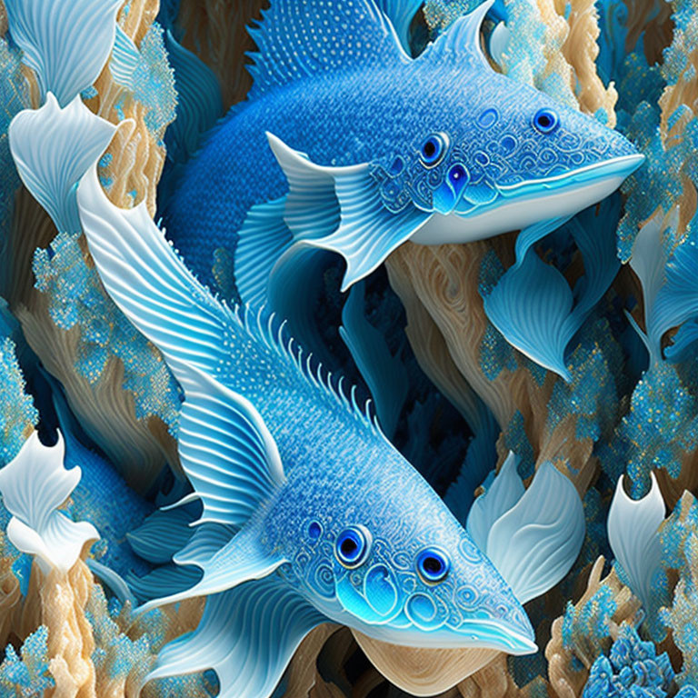 Stylized blue fish and coral-like structures in digital art