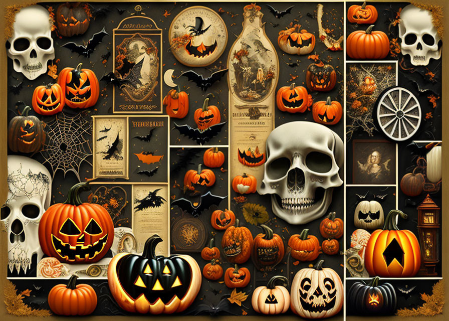 Dark Halloween-themed montage: pumpkins, skulls, spiders, vintage posters.