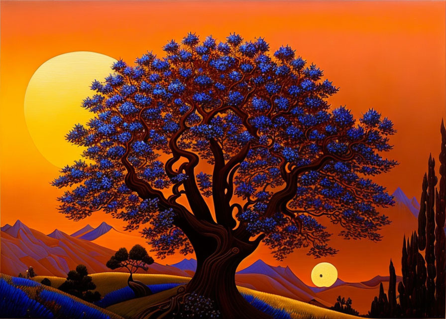 Colorful painting: large tree, blue foliage, orange sky, two suns, stylized mountains