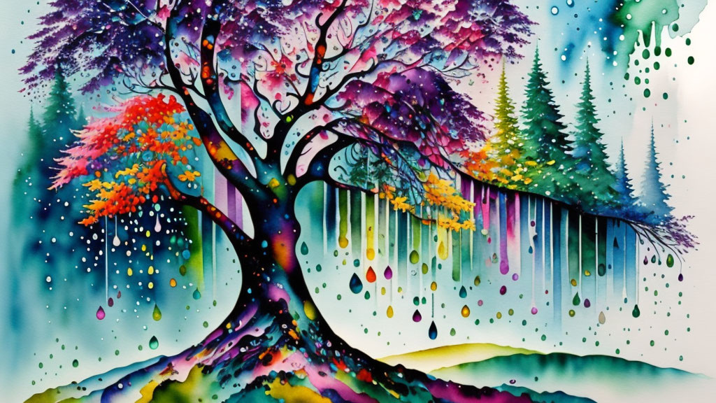 Vibrant watercolor painting of whimsical tree in forest