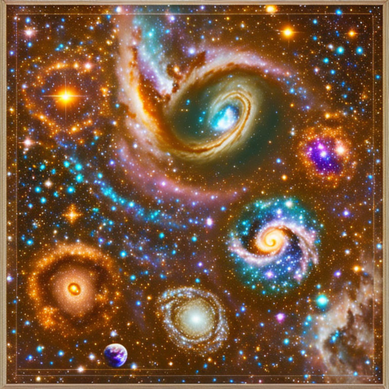 Colorful Swirling Galaxies in Starry Cosmic Image