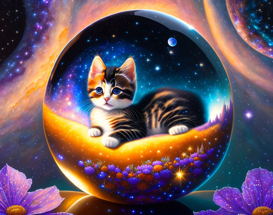 Cosmic bubble with kitten, stars, nebulae, and purple flowers