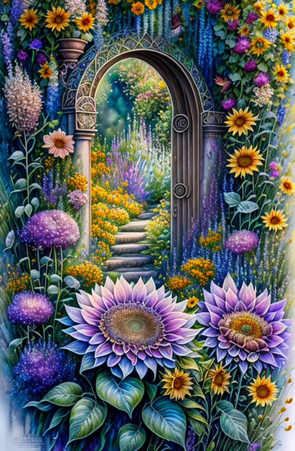 Vibrant flower garden doorway with sunlit pathway