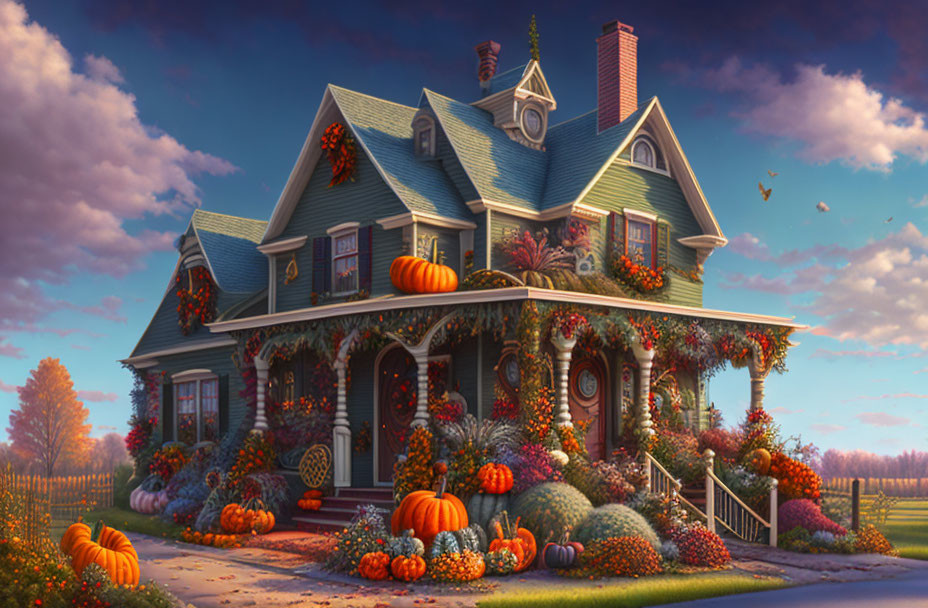 Victorian-style house with fall decorations and evening sky.