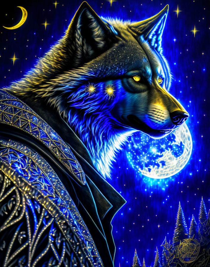 Blue and black wolf under crescent moon on starry night sky