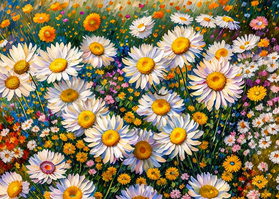 Colorful Field of Flowers with White Daisies