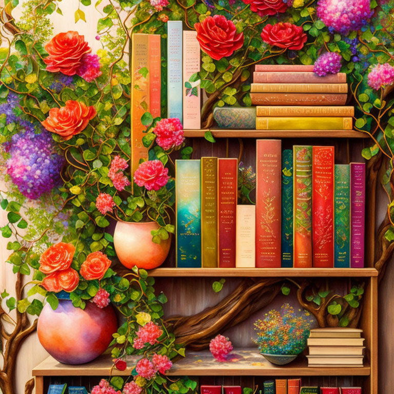 Colorful bookshelf with books, flowers, and vines for a harmonious nature-literature fusion