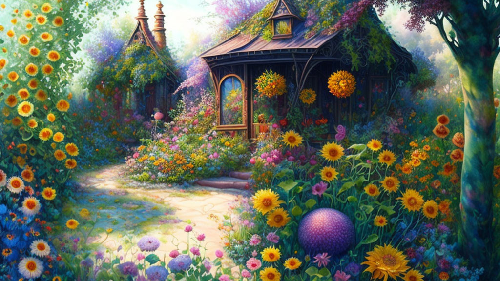 Vibrant flowers and quaint cottage in lush garden landscape