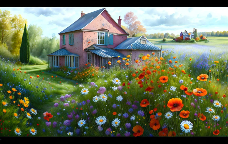 Vibrant garden painting: cozy house, red poppies, wildflowers