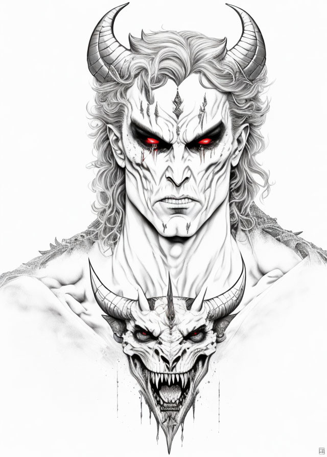 Menacing character with white hair, horned skull, and red glowing eyes