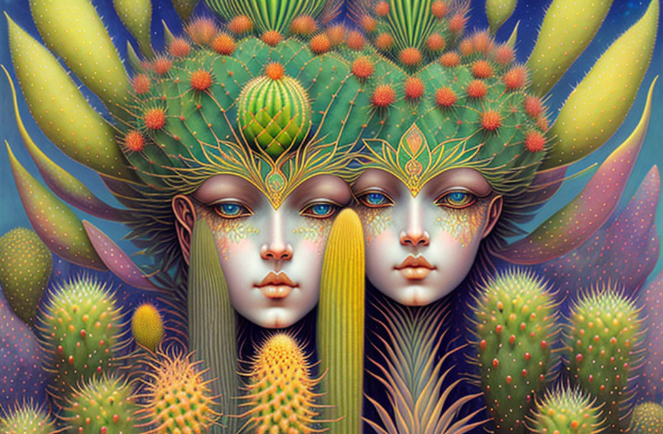 Symmetrical faces with cactus headpieces in succulent background