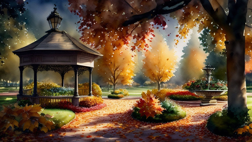 Tranquil park scene with gazebo, autumn leaves, lush greenery, and fountain