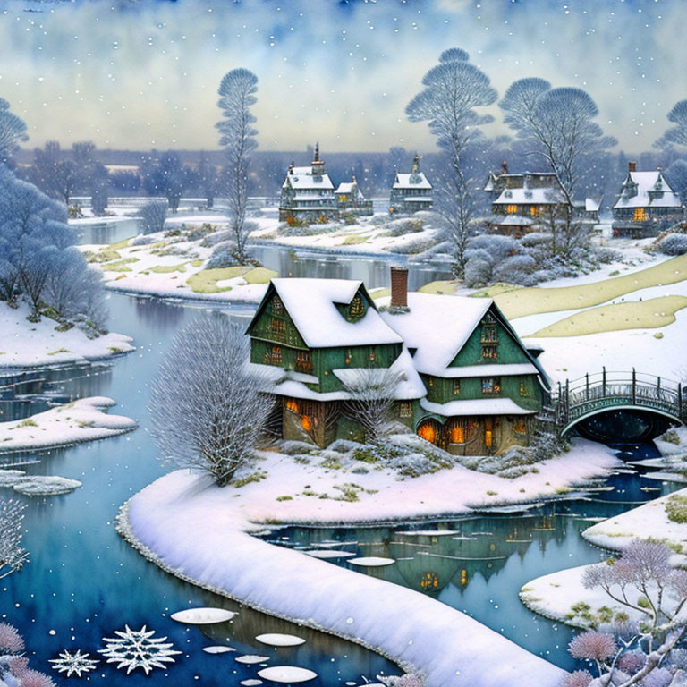 Snow-covered cottages, river, bridge, trees, and snowflakes in twilight scene