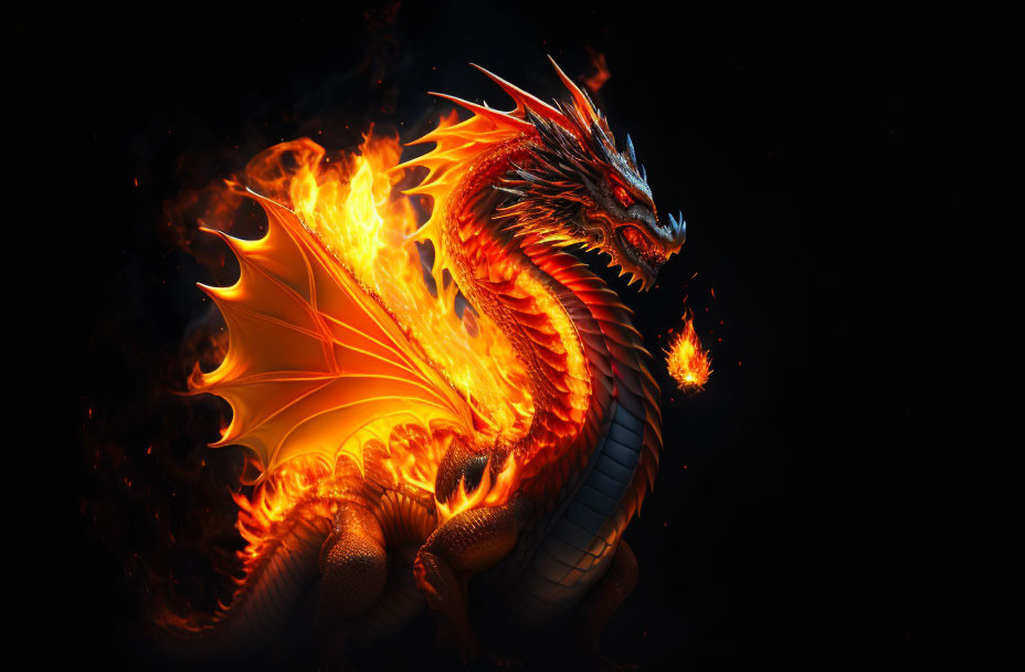 Red-scaled dragon breathing intense flames in darkness