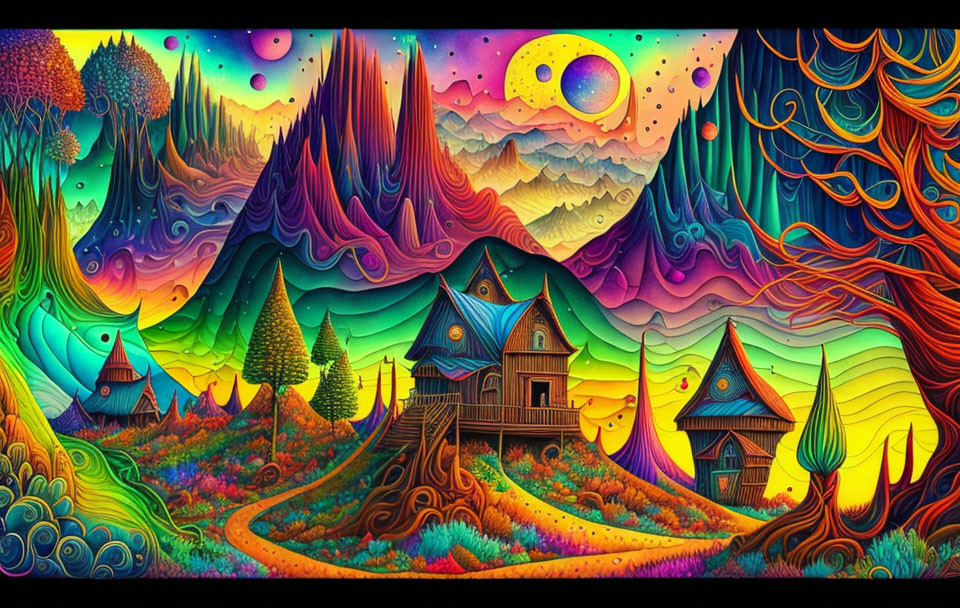 Colorful Psychedelic Landscape with Whimsical Houses and Sun & Moon