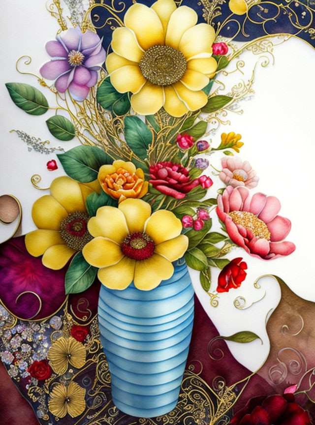 Colorful Flower Bouquet in Blue Vase on Ornate Golden Background