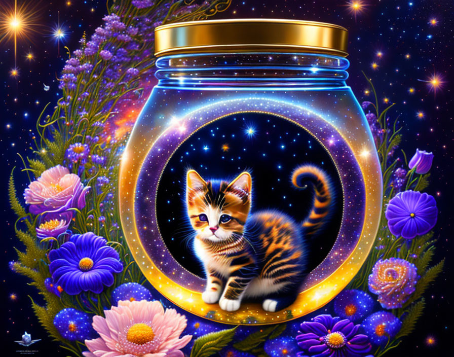 Illustration of kitten in glass jar with cosmic background and vibrant flowers.