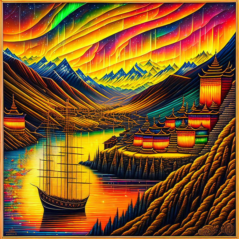 Colorful aurora painting with mountain landscape, traditional ships, unique architecture, and stylized foreground.