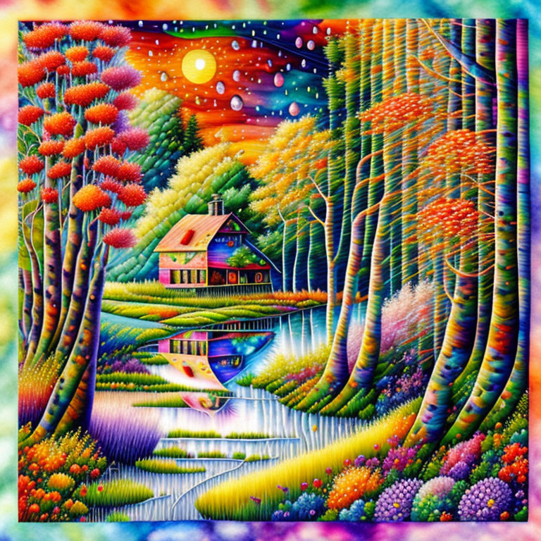 Colorful Whimsical Landscape Painting with Cottage, Stream, and Cosmic Sky