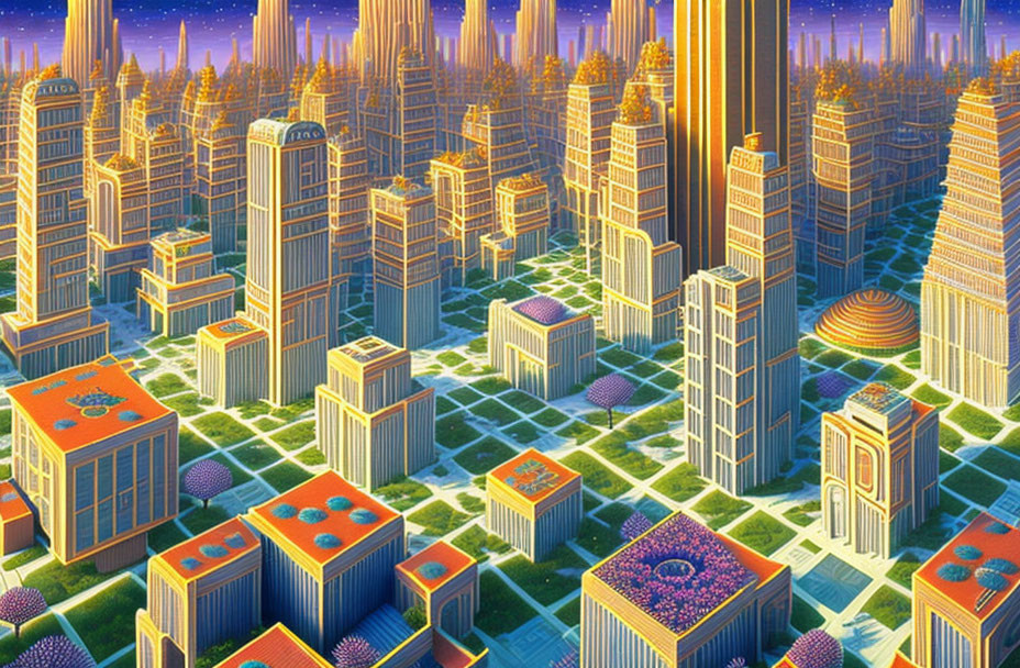 Golden skyscrapers and green spaces in a futuristic cityscape